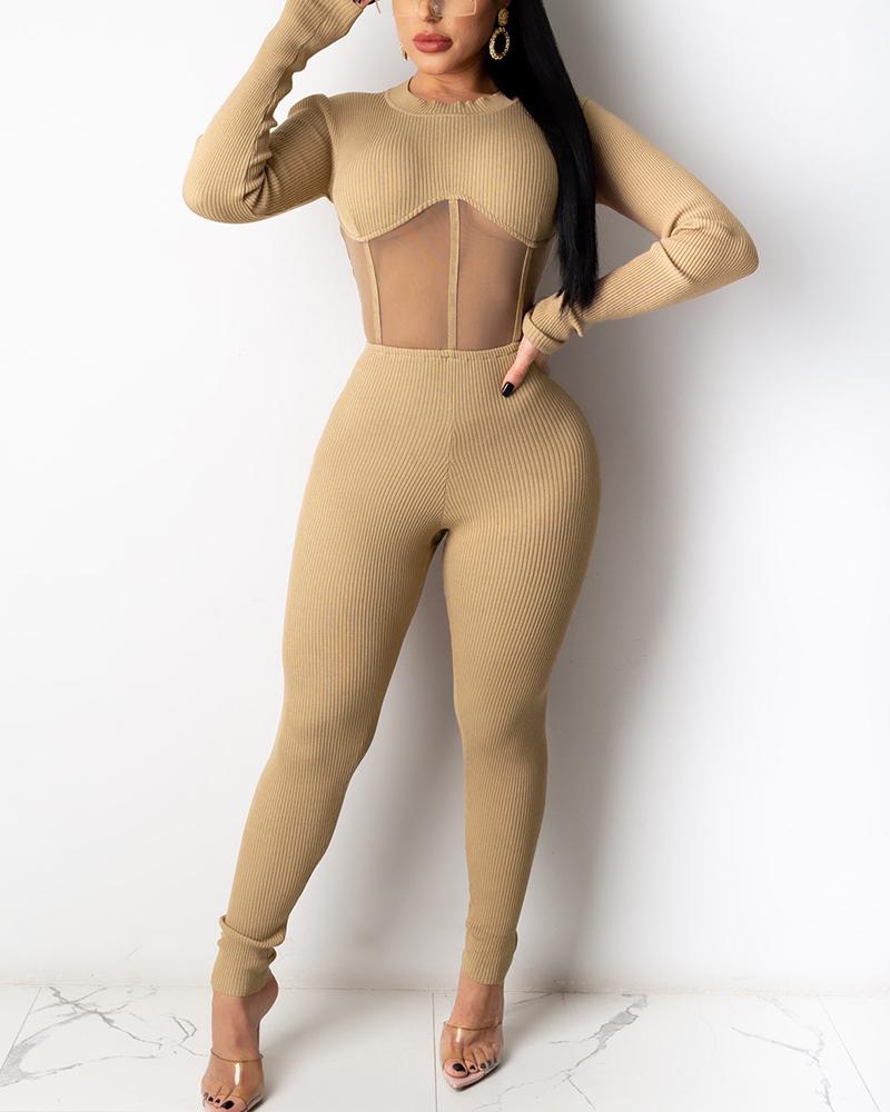 Ribbed Mesh Insert Form Fitting Casual Jumpsuit
