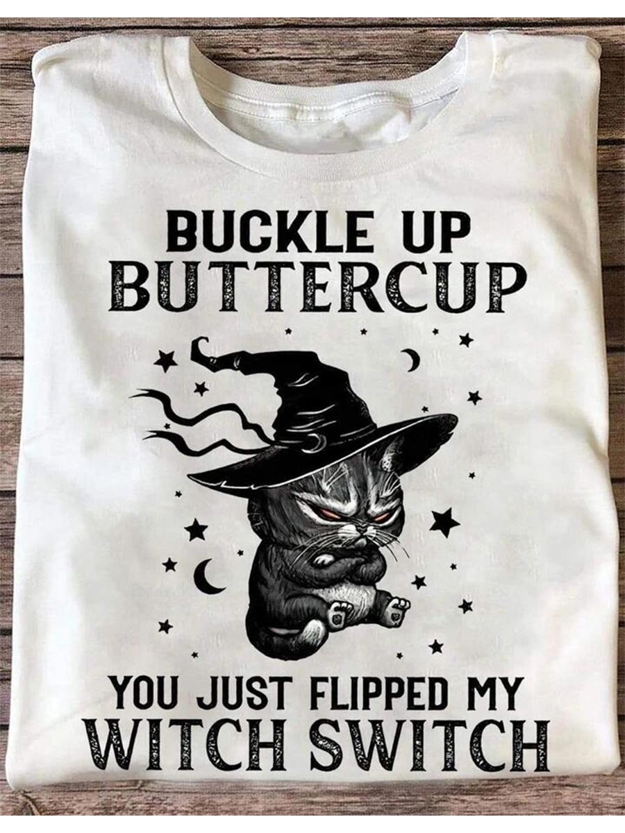 Plus Size Tops Halloween Cat Loose Buckle Up Buttercup Shirt