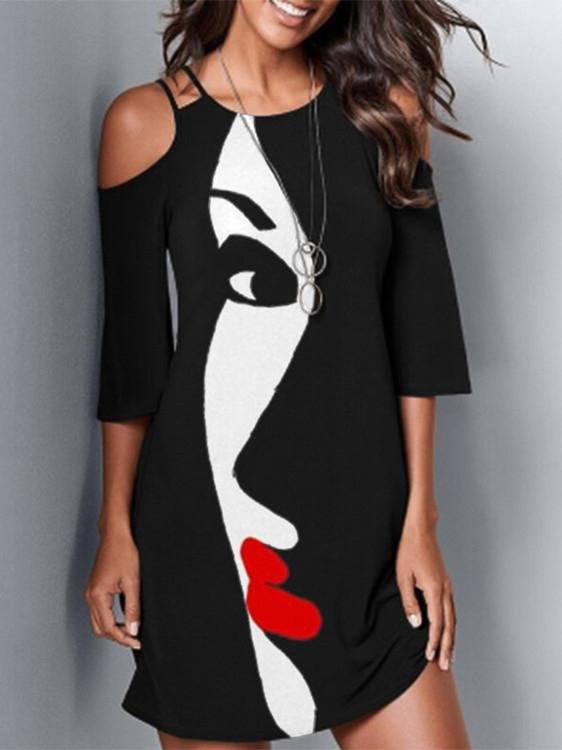 Face Print Off-the-shoulder Mid-sleeve Dress - Mini Dresses - INS | Online Fashion Free Shipping Clothing, Dresses, Tops, Shoes - 06/07/2021 - 20-30 - color-black