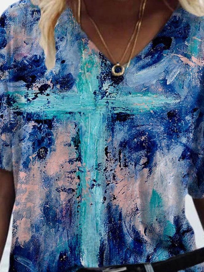 Fashion Cross Print V-neck T-shirt - T-shirts - INS | Online Fashion Free Shipping Clothing, Dresses, Tops, Shoes - 08/06/2021 - Color_Blue - Color_Green