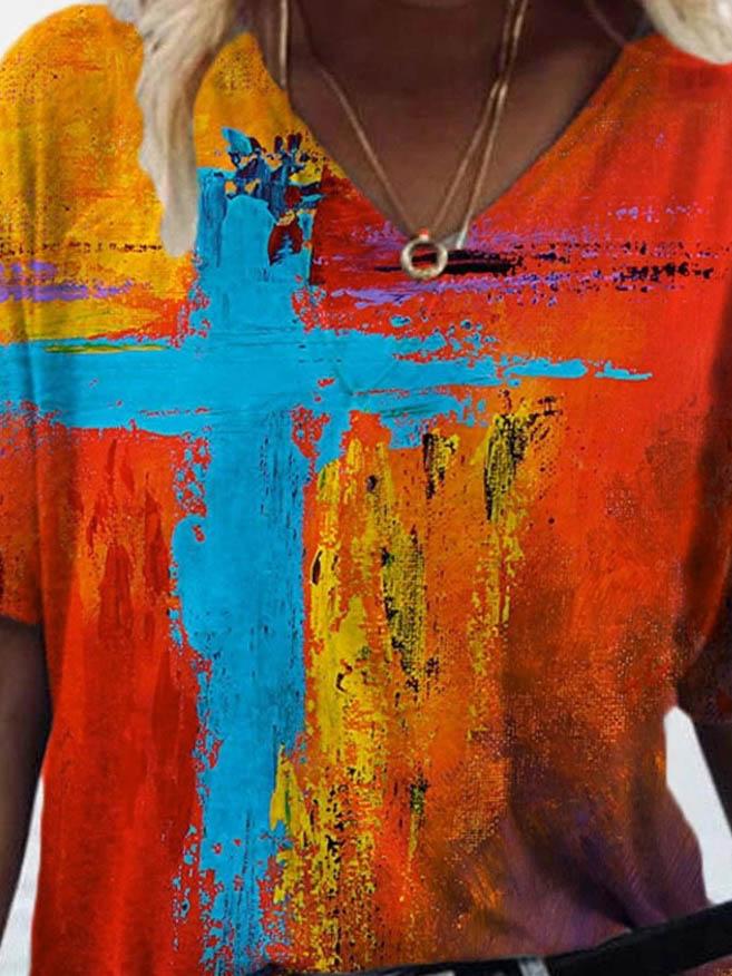 Fashion Cross Print V-neck T-shirt - T-shirts - INS | Online Fashion Free Shipping Clothing, Dresses, Tops, Shoes - 08/06/2021 - Color_Blue - Color_Green