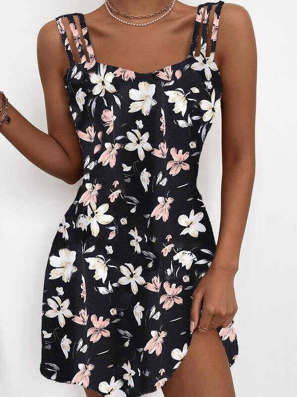 Fashion Floral Print Sleeveless Sling Mini Skirt - Mini Dresses - INS | Online Fashion Free Shipping Clothing, Dresses, Tops, Shoes - 10/06/2021 - Color_Red - Color_White