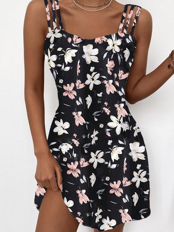 Fashion Floral Print Sleeveless Sling Mini Skirt - Mini Dresses - INS | Online Fashion Free Shipping Clothing, Dresses, Tops, Shoes - 10/06/2021 - Color_Red - Color_White