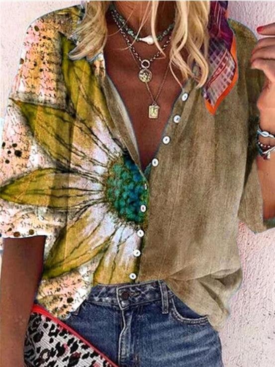 Fashion Flower Printed Button-up Shirt - Blouses - INS | Online Fashion Free Shipping Clothing, Dresses, Tops, Shoes - 02/06/2021 - BLO210602305 - Blouses
