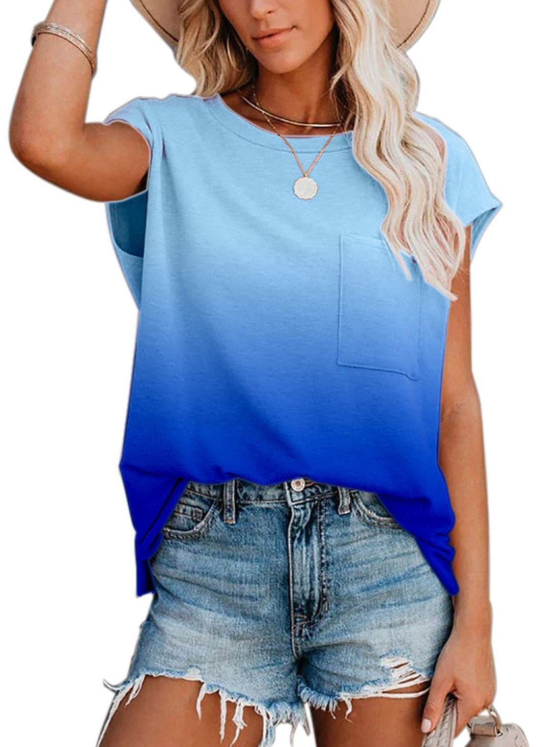 Fashion Gradient Off-shoulder T-shirt Top - T-shirts - INS | Online Fashion Free Shipping Clothing, Dresses, Tops, Shoes - 12/05/2021 - 120521 - Color_Blue