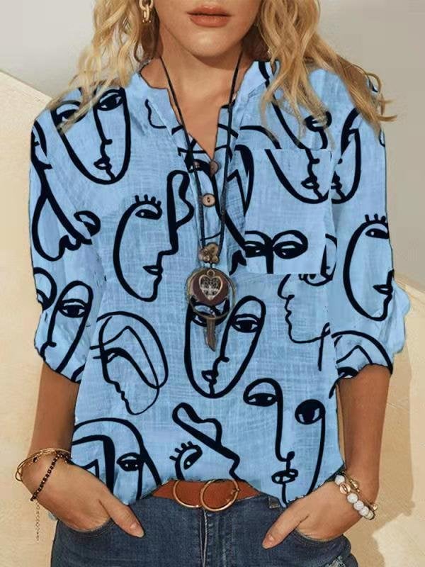 Fashion Graphic Printed Round Neck 3/4 Sleeve Blouses - Blouses - INS | Online Fashion Free Shipping Clothing, Dresses, Tops, Shoes - 18/05/2021 - BLO210519267 - Blouses