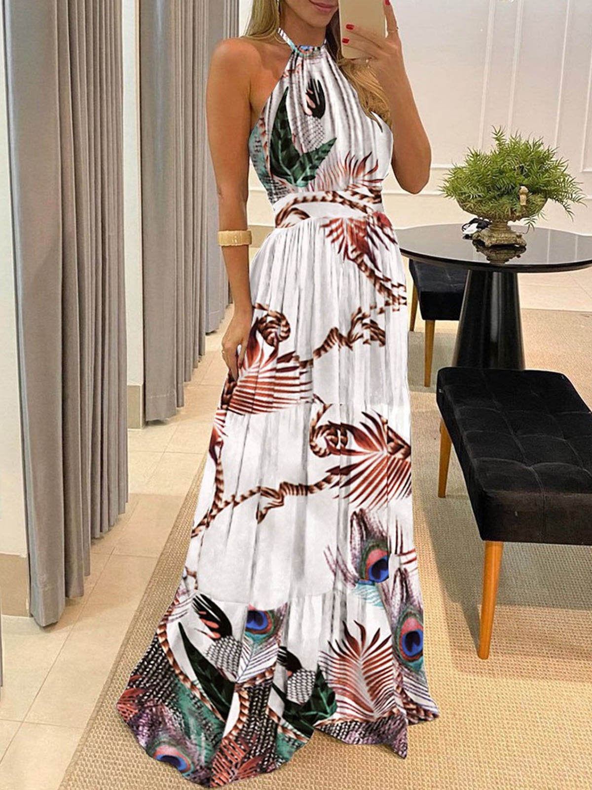 Fashion Halter Tie Printed Maxi Dress - Maxi Dresses - INS | Online Fashion Free Shipping Clothing, Dresses, Tops, Shoes - 09/06/2021 - Color_Black - Color_White