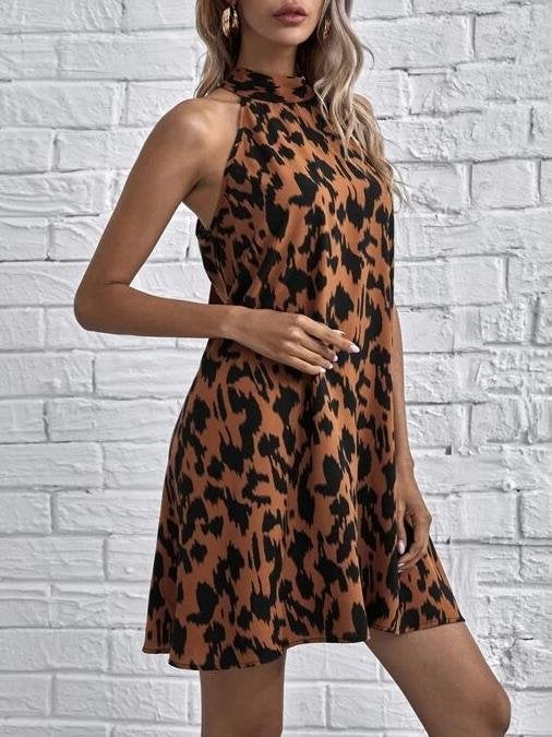 Fashion Leopard Print Sleeveless Halterneck Dress - Mini Dresses - INS | Online Fashion Free Shipping Clothing, Dresses, Tops, Shoes - 11/06/2021 - Color_Brown - DRE2106110382