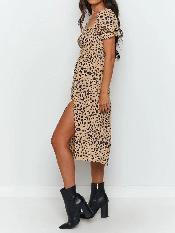 Fashion Leopard Print Slit Dress - Midi Dresses - INS | Online Fashion Free Shipping Clothing, Dresses, Tops, Shoes - 10-20 - 13/07/2021 - color-brown