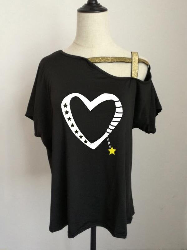 Fashion Love Printed Slanted Shoulder Stitching Short-sleeved T-shirt - Tank Tops - INS | Online Fashion Free Shipping Clothing, Dresses, Tops, Shoes - 18/05/2021 - Color_Black - Color_Blue