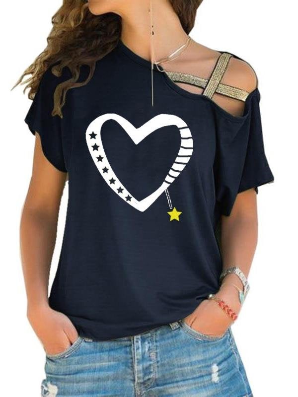 Fashion Love Printed Slanted Shoulder Stitching Short-sleeved T-shirt - Tank Tops - INS | Online Fashion Free Shipping Clothing, Dresses, Tops, Shoes - 18/05/2021 - Color_Black - Color_Blue