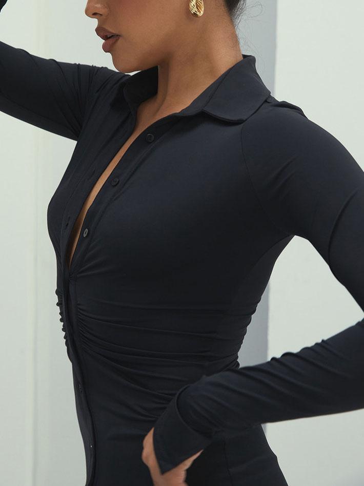 Fashion Pleated V-neck Long-sleeved Bodycon Dress - Mini Dresses - INS | Online Fashion Free Shipping Clothing, Dresses, Tops, Shoes - 21/07/2021 - 30-40 - color-black