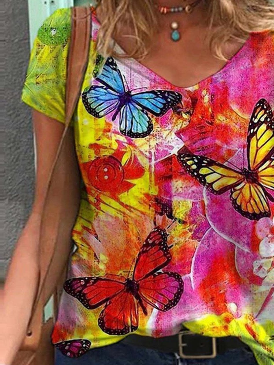 Fashion Printed V-neck Short-sleeved T-shirt - T-shirts - INS | Online Fashion Free Shipping Clothing, Dresses, Tops, Shoes - 08/06/2021 - Color_Blue - Color_Purple