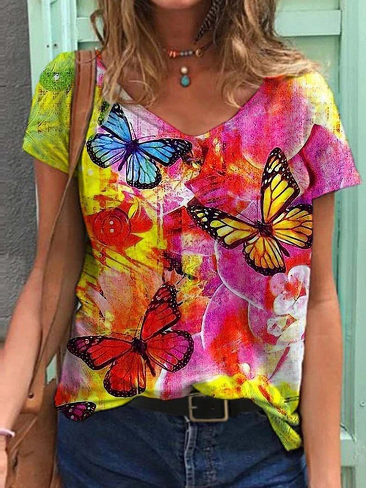 Fashion Printed V-neck Short-sleeved T-shirt - T-shirts - INS | Online Fashion Free Shipping Clothing, Dresses, Tops, Shoes - 08/06/2021 - Color_Blue - Color_Purple