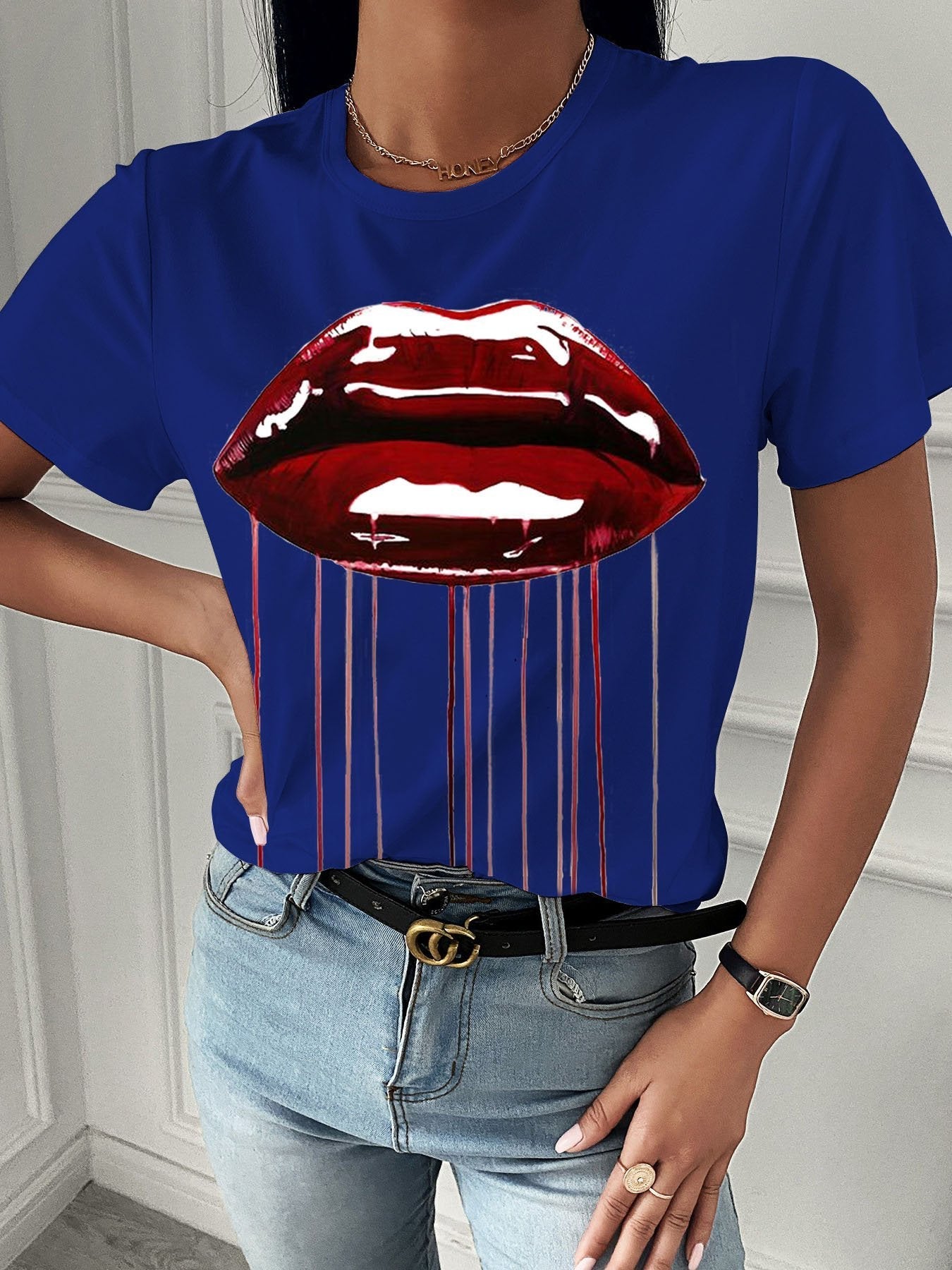 Fashion Red Lip Print Short Sleeve T-shirt - T-shirts - INS | Online Fashion Free Shipping Clothing, Dresses, Tops, Shoes - 08/07/2021 - 10-20 - color-black