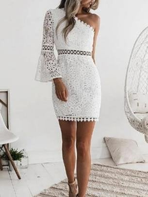 Fashion Slanted Shoulder Long Sleeve Mini Skirt - Mini Dresses - INS | Online Fashion Free Shipping Clothing, Dresses, Tops, Shoes - 16/06/2021 - 30-40 - color-white