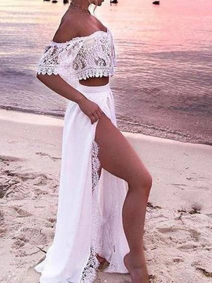 Fashion Solid Color Off Shoulder Lace Crop Top & Skirt Set - Two-piece Outfits - INS | Online Fashion Free Shipping Clothing, Dresses, Tops, Shoes - 20/05/2021 - Color_White - Set210520259
