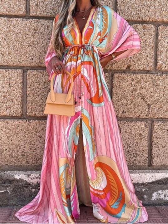 Fashion V-neck Mid-sleeve Print Dress - Maxi Dresses - INS | Online Fashion Free Shipping Clothing, Dresses, Tops, Shoes - 23/06/2021 - 40-50 - color-pink