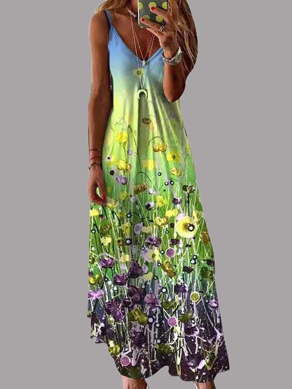 Fashion V-neck Print Suspender Dress - Maxi Dresses - INS | Online Fashion Free Shipping Clothing, Dresses, Tops, Shoes - 10/06/2021 - Color_Blue - Color_Green