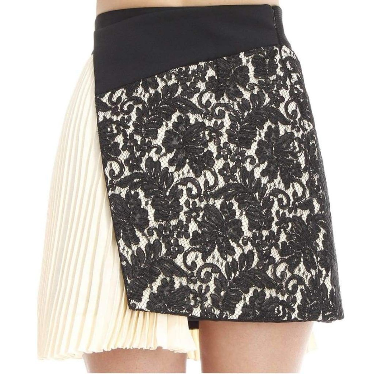 Pleated Panel Asymmetric Lace Silk Skirt