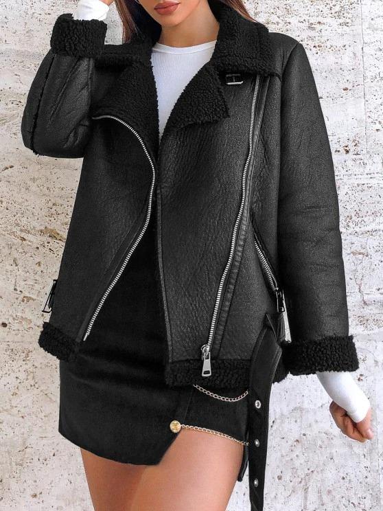 Faux Leather Zippered Pockets Faux Shearling Coat - INS | Online Fashion Free Shipping Clothing, Dresses, Tops, Shoes
