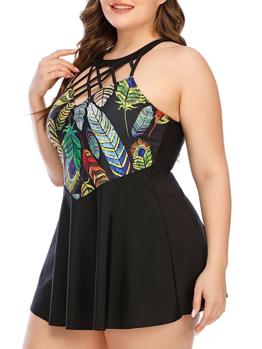 Feather Butterfly Print Plus Size Skirt Swimsuit - Plus Swimsuits - INS | Online Fashion Free Shipping Clothing, Dresses, Tops, Shoes - 22/04/2021 - 2204V3 - Catagory_Plus Swimsuits