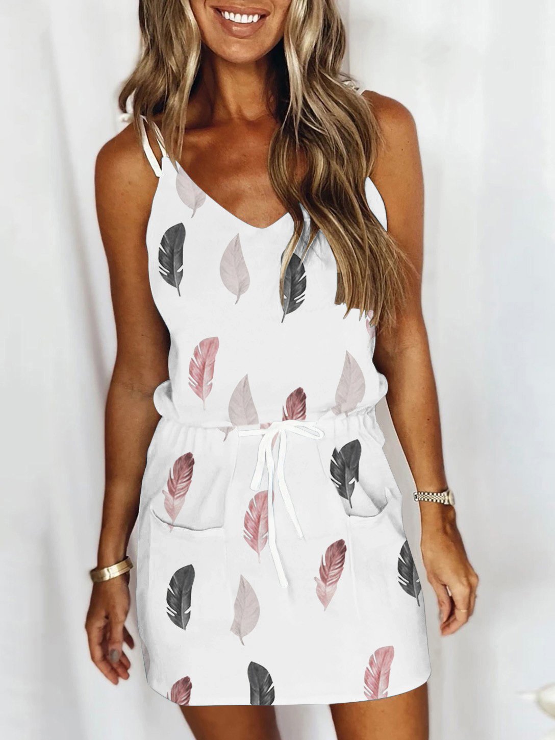 Feather Print V-neck Suspender Dress - Mini Dresses - INS | Online Fashion Free Shipping Clothing, Dresses, Tops, Shoes - 08/06/2021 - Color_Black - Color_White