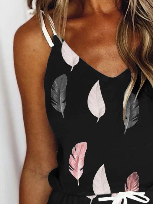 Feather Print V-neck Suspender Dress - Mini Dresses - INS | Online Fashion Free Shipping Clothing, Dresses, Tops, Shoes - 08/06/2021 - Color_Black - Color_White