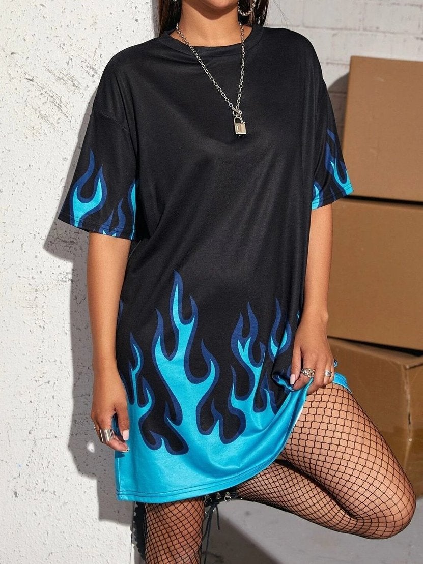 Flame Print Drop Shoulder Oversized T-shirt - T-Shirts - INS | Online Fashion Free Shipping Clothing, Dresses, Tops, Shoes - 14/05/2021 - 140521 - Category_T-Shirts