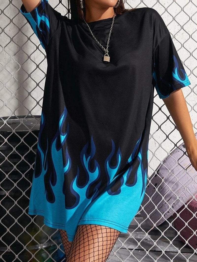 Flame Print Drop Shoulder Oversized T-shirt - T-Shirts - INS | Online Fashion Free Shipping Clothing, Dresses, Tops, Shoes - 14/05/2021 - 140521 - Category_T-Shirts
