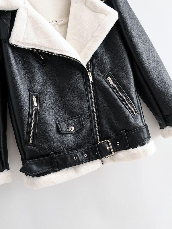 Flannel Lined Zipper PU Moto Jacket - INS | Online Fashion Free Shipping Clothing, Dresses, Tops, Shoes