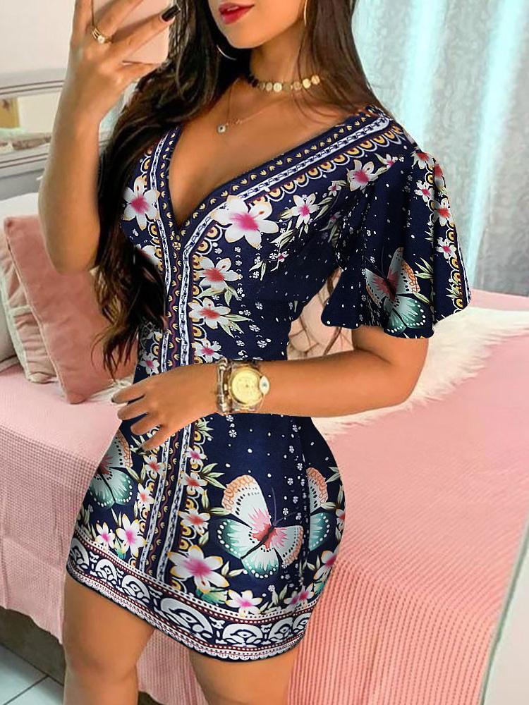 Floral Butterfly Print Ruffles Bodycon Dress - Bodycon Dresses - INS | Online Fashion Free Shipping Clothing, Dresses, Tops, Shoes - 30/04/2021 - Bodycon Dresses - Color_Multicolor