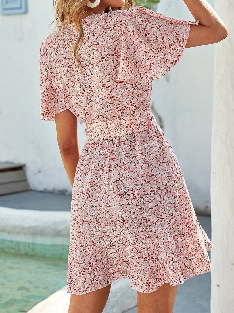 Floral Flowy Short Sleeve Belted Dress - Mini Dresses - INS | Online Fashion Free Shipping Clothing, Dresses, Tops, Shoes - 15/04/2021 - Colour_Green - Colour_Pink