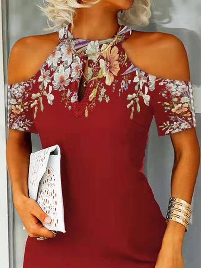 Floral Print Leaky Shoulder Mini Dress - Mini Dresses - INS | Online Fashion Free Shipping Clothing, Dresses, Tops, Shoes - 07/06/2021 - Category_Mini Dresses - Color_Blue