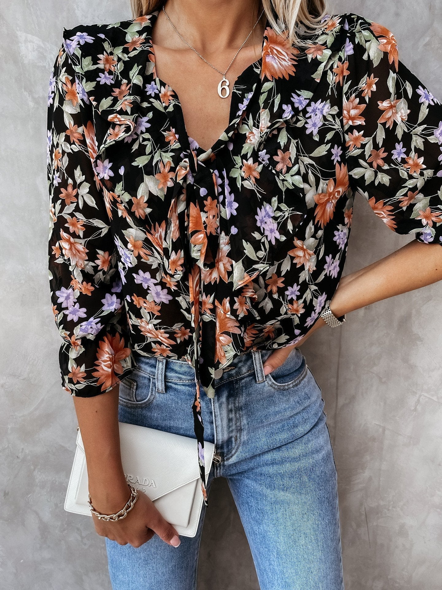 Floral Print Pleated Long Sleeve Blouses - Blouses - INS | Online Fashion Free Shipping Clothing, Dresses, Tops, Shoes - BLO210601296 - Category_Blouses - Color_Black