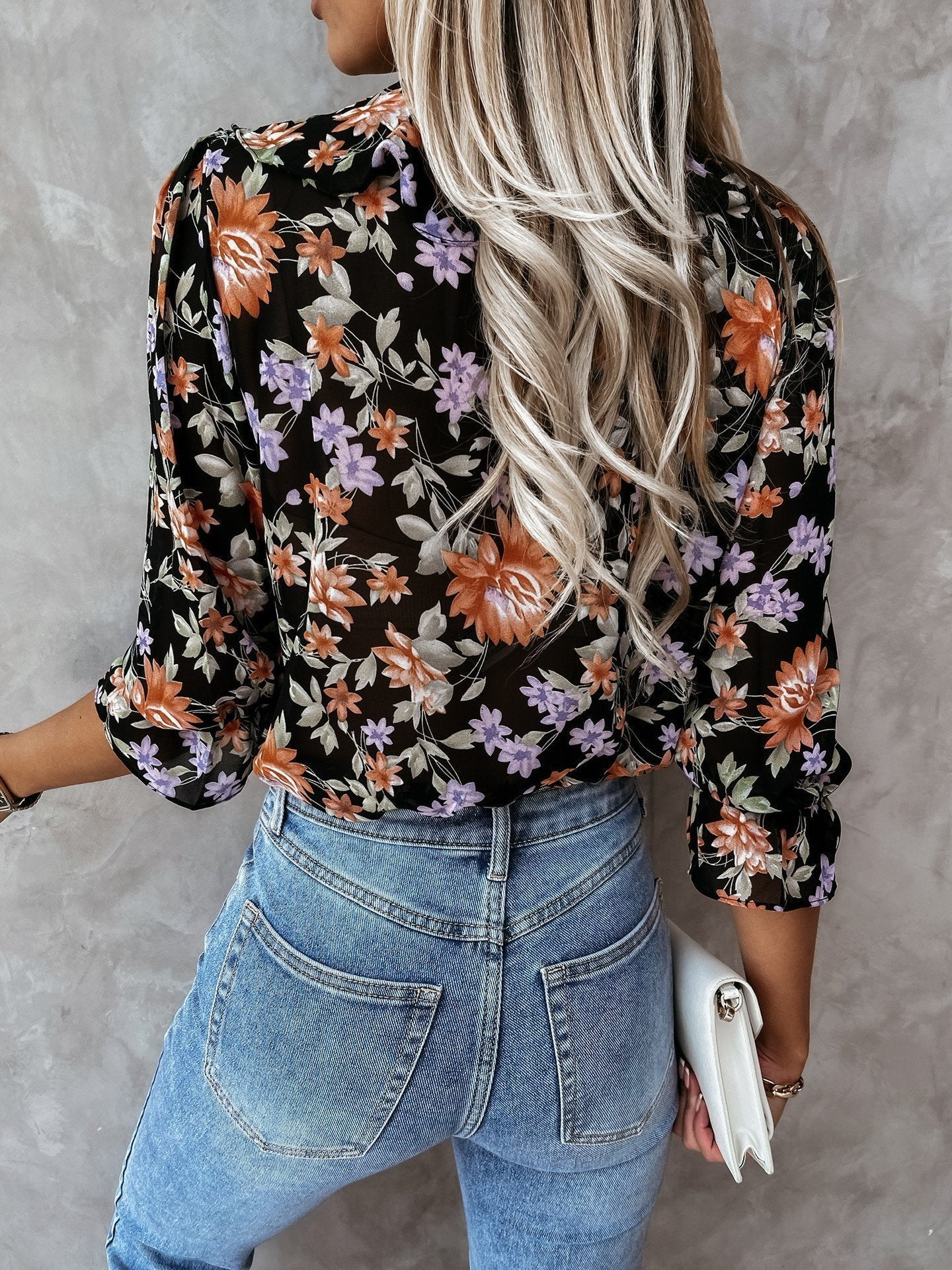 Floral Print Pleated Long Sleeve Blouses - Blouses - INS | Online Fashion Free Shipping Clothing, Dresses, Tops, Shoes - BLO210601296 - Category_Blouses - Color_Black