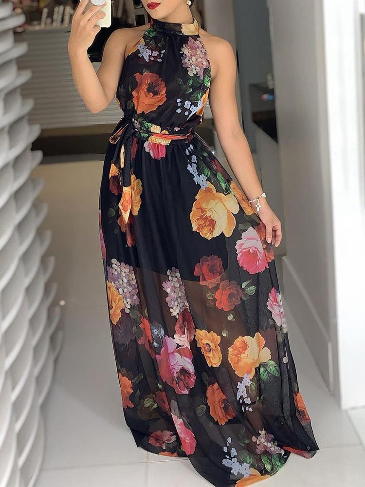 Floral Print Round Neck Maxi Dress - Maxi Dresses - INS | Online Fashion Free Shipping Clothing, Dresses, Tops, Shoes - 28/04/2021 - Category_Maxi Dresses - Color_Black