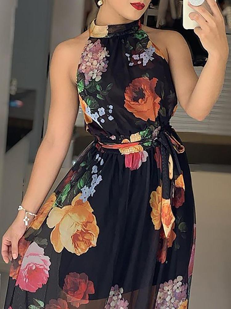 Floral Print Round Neck Maxi Dress - Maxi Dresses - INS | Online Fashion Free Shipping Clothing, Dresses, Tops, Shoes - 28/04/2021 - Category_Maxi Dresses - Color_Black