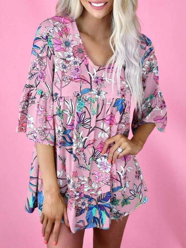 Floral Print Round Neck Short Sleeve Loose T-shirt - T-shirts - INS | Online Fashion Free Shipping Clothing, Dresses, Tops, Shoes - 17/06/2021 - 20-30 - color-blue