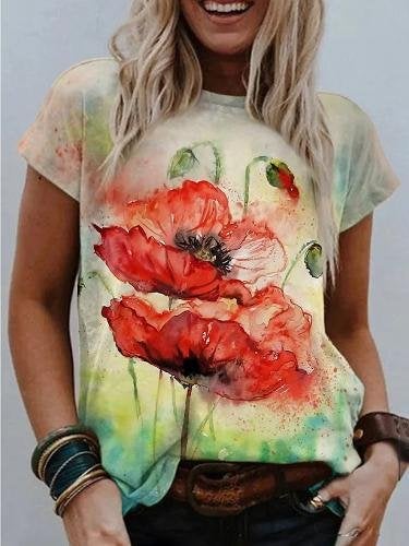 Floral Print Round Neck Short Sleeve T-shirt - T-shirts - INS | Online Fashion Free Shipping Clothing, Dresses, Tops, Shoes - 01/06/2021 - Color_Green - Color_Red