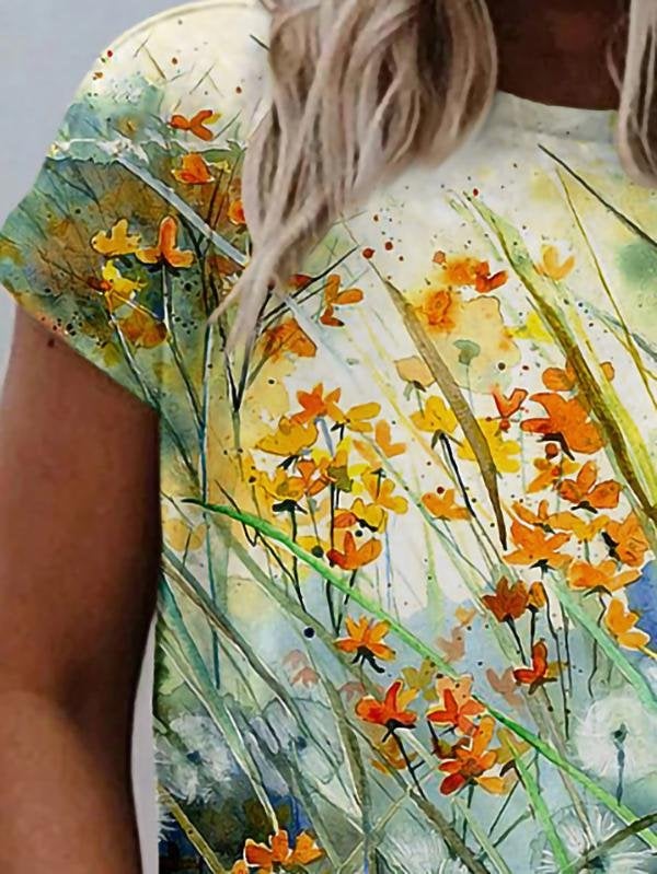 Floral Print Round Neck Short Sleeve T-shirt - T-shirts - INS | Online Fashion Free Shipping Clothing, Dresses, Tops, Shoes - 01/06/2021 - Color_Green - Color_Red