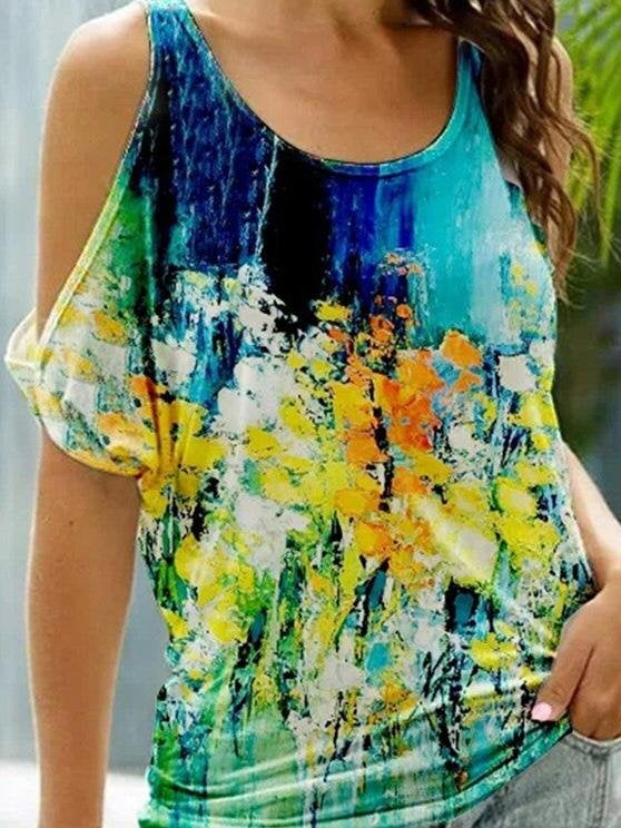 Floral Print Short Sleeve Off The Shoulder Casual T-Shirt - T-Shirts - INS | Online Fashion Free Shipping Clothing, Dresses, Tops, Shoes - 10-20 - 17/07/2021 - Category_T-Shirts