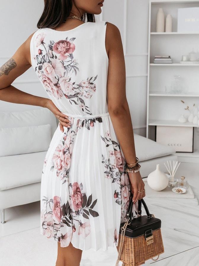 Floral Print V Neck Pleated Dress - Mini Dresses - INS | Online Fashion Free Shipping Clothing, Dresses, Tops, Shoes - 08/07/2021 - 20-30 - color-white