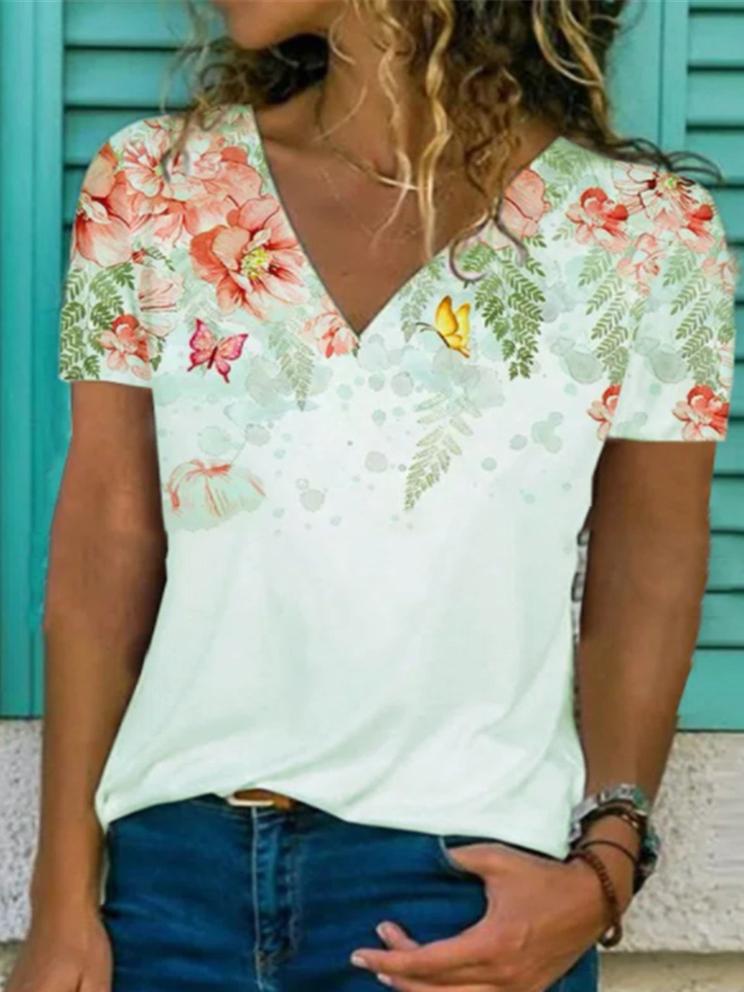 Floral Print V-neck Short-sleeved Top - T-shirts - INS | Online Fashion Free Shipping Clothing, Dresses, Tops, Shoes - 10-20 - 21/06/2021 - color-green