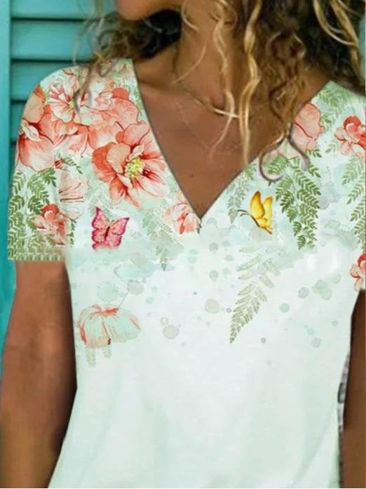 Floral Print V-neck Short-sleeved Top - T-shirts - INS | Online Fashion Free Shipping Clothing, Dresses, Tops, Shoes - 10-20 - 21/06/2021 - color-green