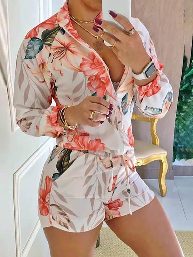 Floral Print Zipper Design Top & Shorts Set - Two-piece Outfits - INS | Online Fashion Free Shipping Clothing, Dresses, Tops, Shoes - 05/05/2021 - Color_White - SET210505043