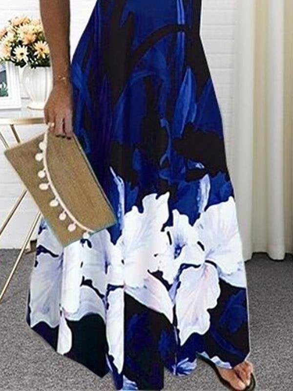 Floral Printed Sling Scoop Neck A-line Maxi Dress - Maxi Dresses - INS | Online Fashion Free Shipping Clothing, Dresses, Tops, Shoes - 20/05/2021 - Color_Dark Blue - DRE2105201029