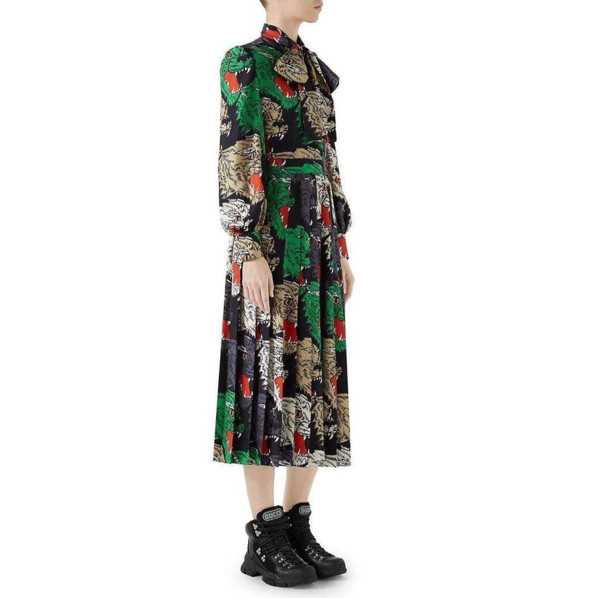 Pleated Rainbow-Panther Face Silk Twill Dress
