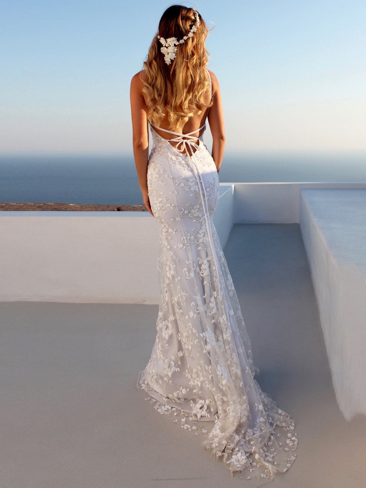 Mermaid Spaghetti Straps Lace Beach Wedding Dress