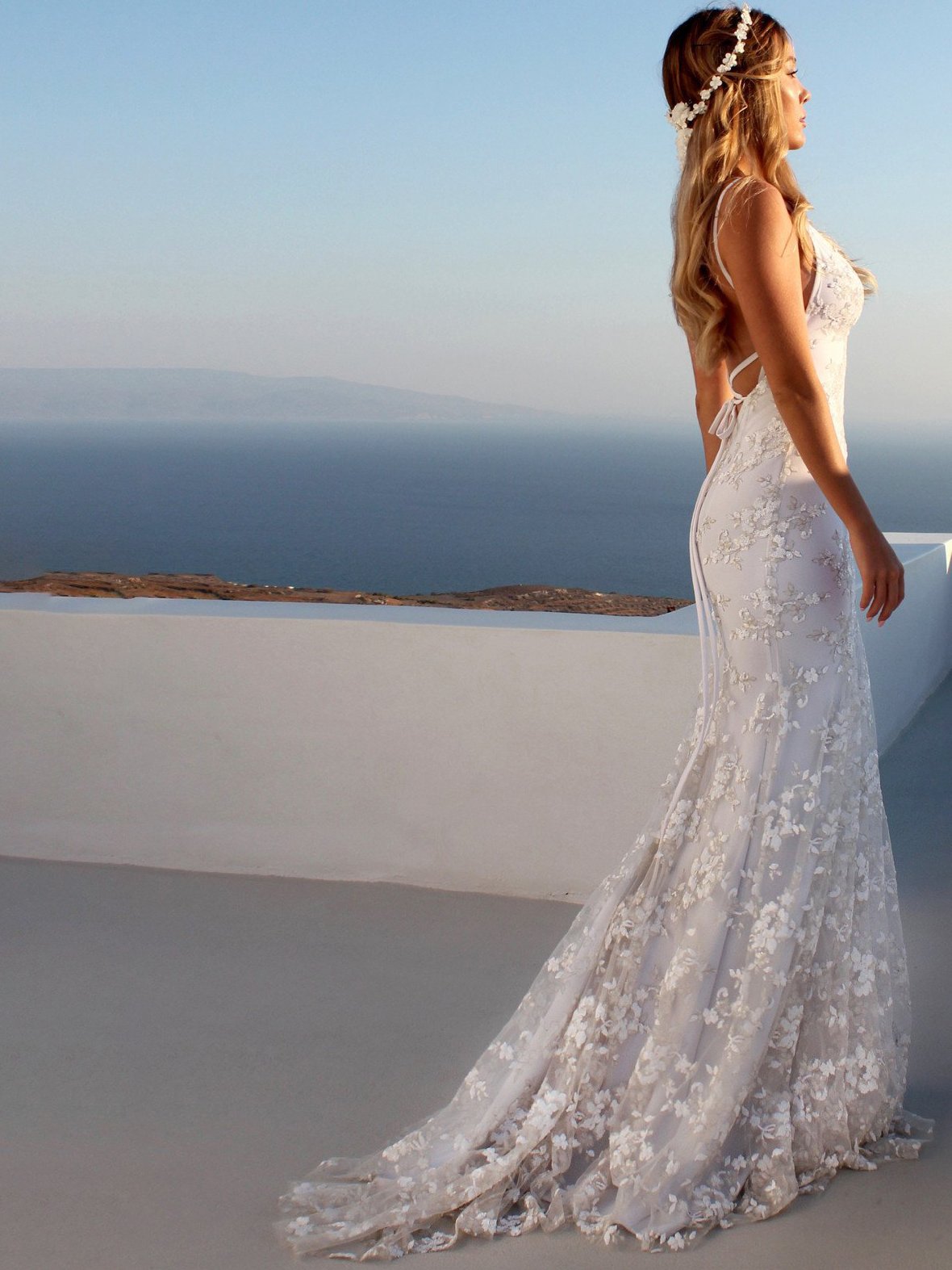 Mermaid Spaghetti Straps Lace Beach Wedding Dress